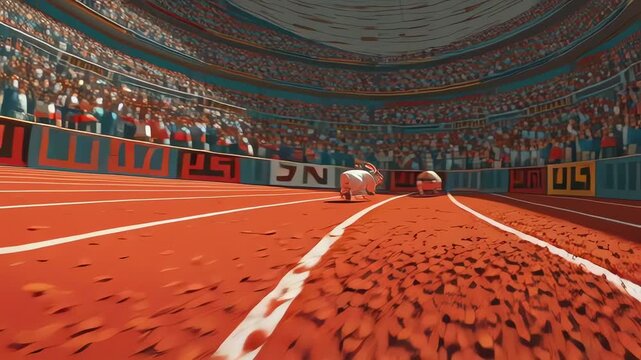 Tortoise and Hare Race in Giant Stadium Dynamic Low Angle Shot