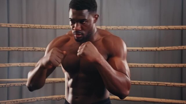 Black fighter performing slow controlled punches in an empty ring with smoke reacting to movement and muscles flexing naturally 4k video