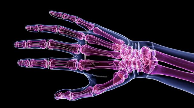 X-ray image of a human hand with pink and blue skeletal structure on a black background.