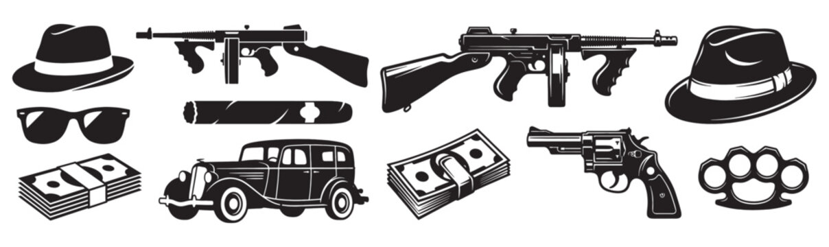 Retro mafia gangster collection includes tommy guns, fedora hats, and vintage cars in a noir vector style.