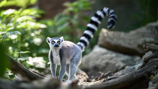 ring-tailed lemur (Lemur catta) standing on natural branches and rocks in a zoo enclosure at Wroclaw Zoo  4K