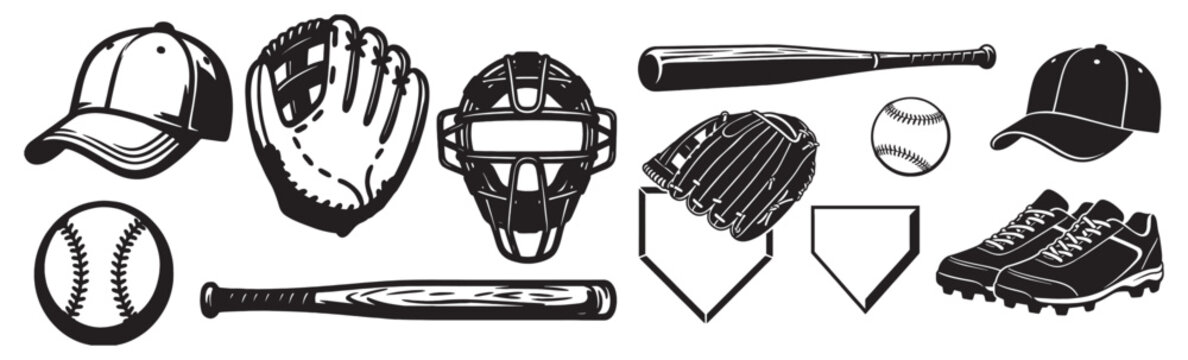 Baseball sports equipment set features bats, gloves, and catcher gear in a black vector illustration style.