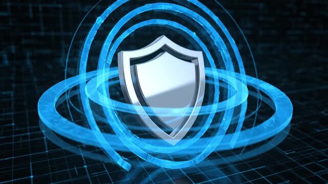 Shield Icon in Futuristic Blue Neon Circles with Dark Binary Code Background for Cybersecurity