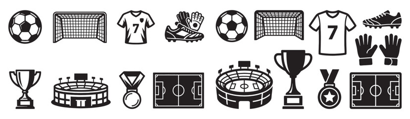 Soccer football sport set includes stadiums, trophies, and jerseys in a black vector icon style. © trianatio