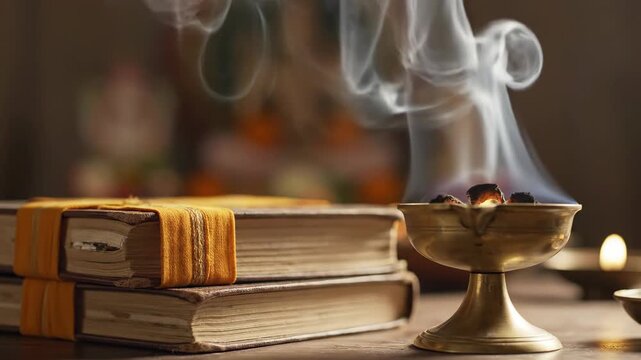 Spiritual setup with incense holder and sacred texts, showcasing vibrant smoke rising from the burner. Spiritual elements include traditional offering and fragrant incense for rituals.