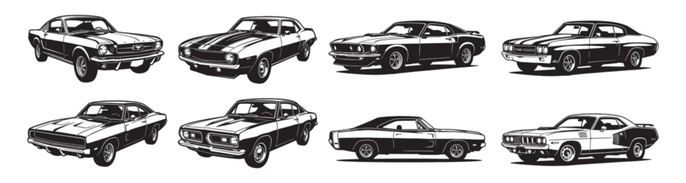 Classic muscle car collection features vintage American automobiles in various angles in a black vector style.
