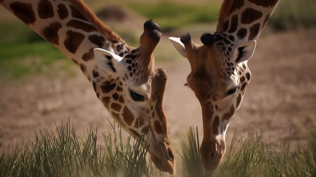 two giraffes bending down to nibble tall grass, overlapping side profiles with muzzles near ground, individual grass blades and soil particles visible, gentle daylight creating 4K