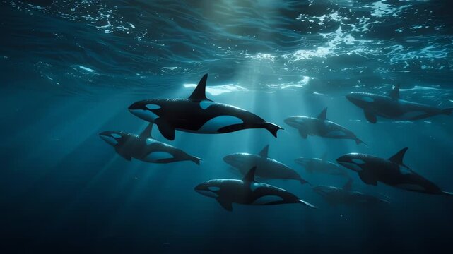 Pod of Orcas Swimming Underwater in Deep Blue Ocean Sunlight