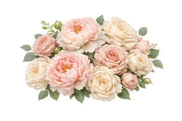 Elegant floral bouquet featuring blush pink peonies and cream roses with green foliage, creating a romantic wedding decorative element