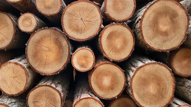 A close-up view of a stack of freshly cut logs, showcasing the detailed wood grain and natural textures of the timber