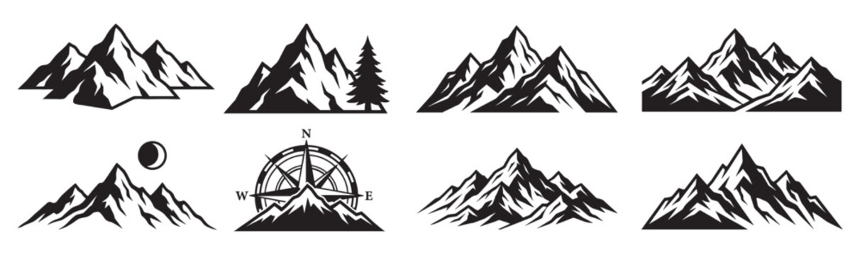 Vintage mountain landscape collection features engraved peaks, compasses, and forests in a black vector style.