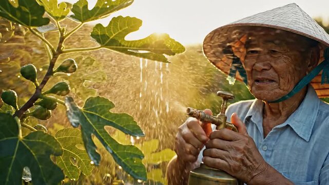 Elderly farmer in conical hat sprays fig tree with water at sunset