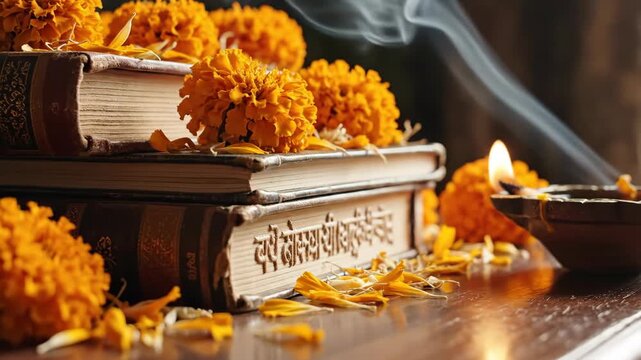 Spiritual setup with sacred books and marigold flowers on wooden table, incense smoke rising beside diya candle. Hindu rituals highlighted with vibrant decoration for celebrations,