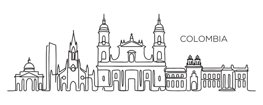 Colombia city skyline continuous line drawing features cathedrals and colonial buildings in a minimalist vector style.