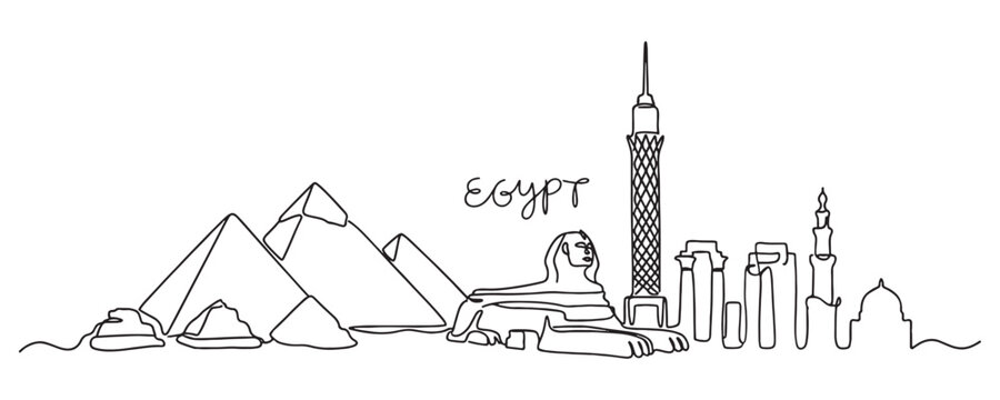Egypt Cairo skyline continuous line drawing features Pyramids, Sphinx, and mosques in a minimalist vector style.
