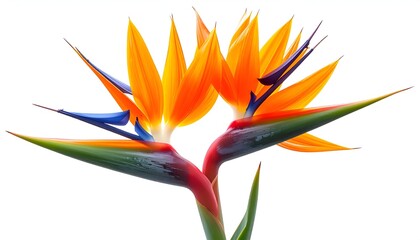 Close-up of two vibrant bird-of-paradise flowers with orange, blue, and green