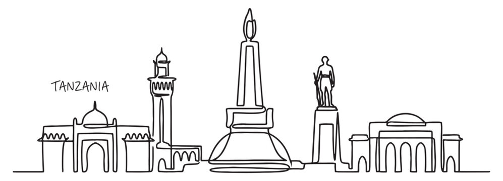 Tanzania city skyline continuous line drawing features the Uhuru Torch monument and clock tower in a vector style.