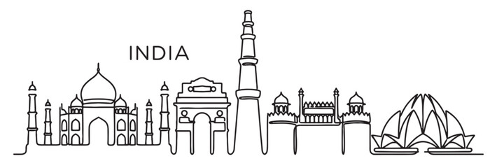 Obraz premium India Delhi skyline continuous line drawing features Taj Mahal, India Gate, and Lotus Temple.