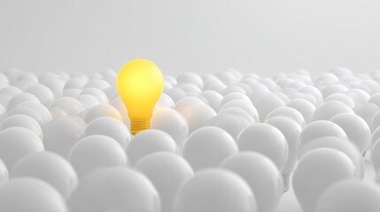 Single glowing lightbulb amidst many