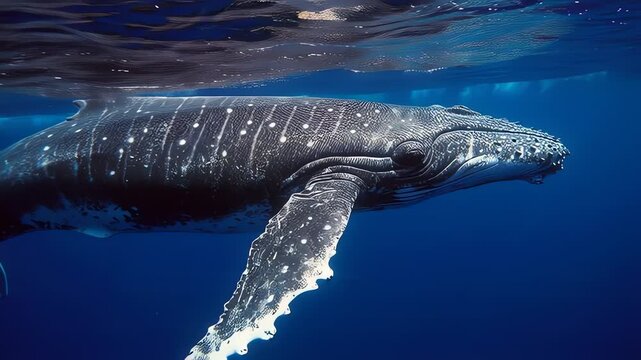 Humpback Whale Swimming Near Ocean Surface in Deep Blue Water