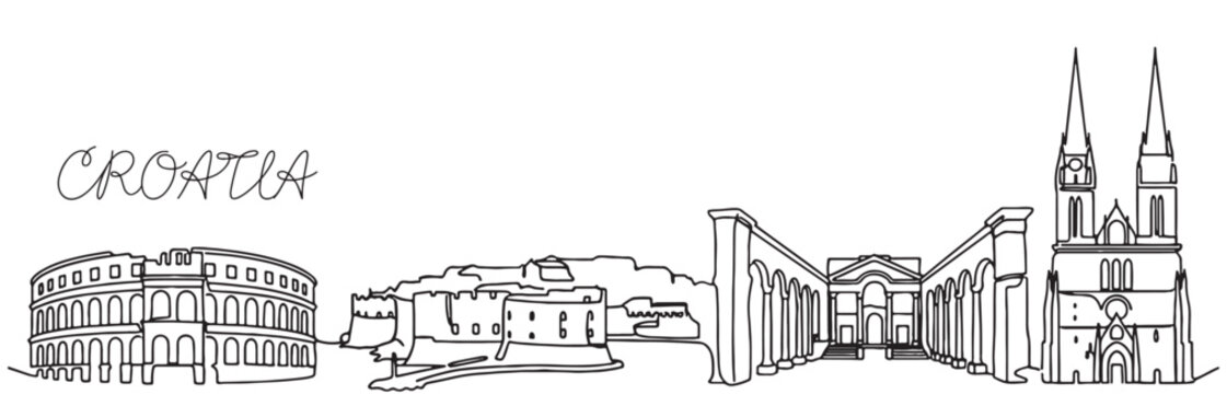 Croatia skyline continuous line drawing features Pula Arena, Diocletian's Palace, and Zagreb Cathedral.