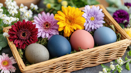 A basket of naturally dyed Easter eggs nestled among colorful flowers creates a charming and seasonal composition, perfect for spring celebrations