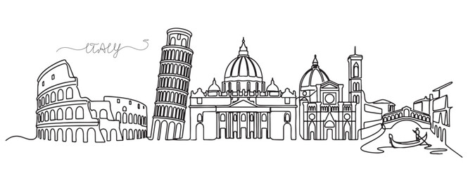 Italian panoramic skyline featuring the Colosseum, Leaning Tower of Pisa, and Venice gondola in continuous line art style. © trianatio