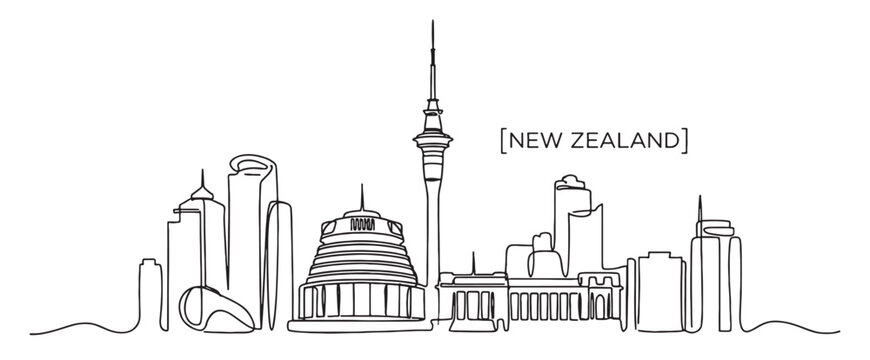 New Zealand skyline continuous line drawing features Auckland Sky Tower, the Beehive, and city skyscrapers.
