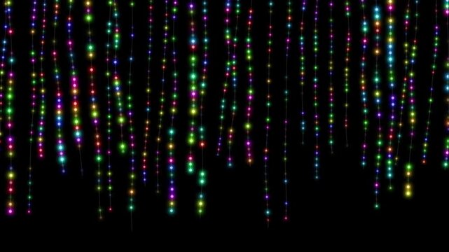 Vertical Curtain of Multi Colored LED Christmas Lights on Blac
