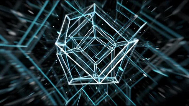 Geometric wireframe cube with neon blue lines on a dark background with a futuristic feel.