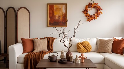 Cozy Modern Living Space Featuring a Plush White Sofa Adorned with Autumnal Decor and Warm Accents