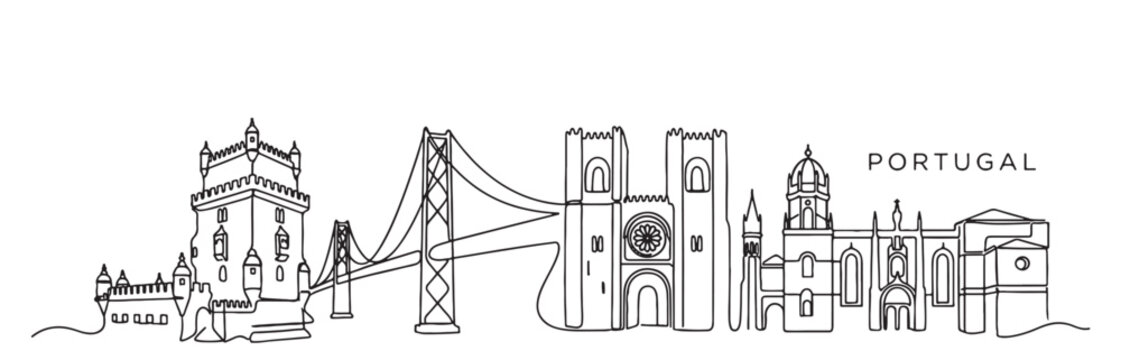 Portugal city landmarks showing Belem Tower, 25 de Abril Bridge, and Lisbon Cathedral in linear drawing style.