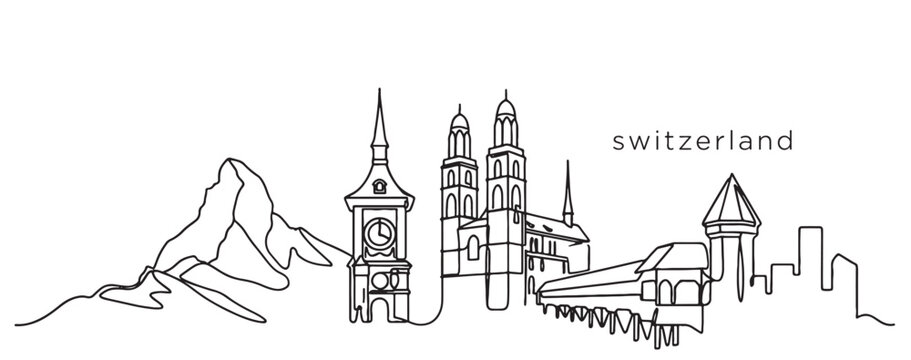 Switzerland scenic skyline featuring Matterhorn mountain, Chapel Bridge, and Grossm&uuml;nster in continuous line art style.