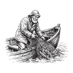 Fisherman hauling net full of fish on wooden boat in hand-drawn vintage ink style. © trianatio
