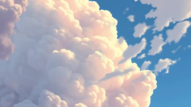 A large, fluffy cumulus cloud formation against a clear blue sky with warm, soft lighting.