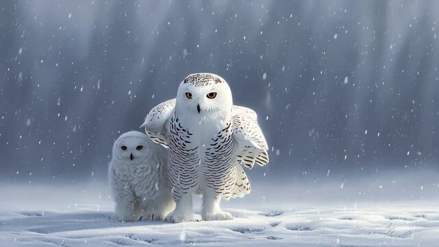 Protective Snowy Owl Spreading Wings Over Owlet in Falling Snow