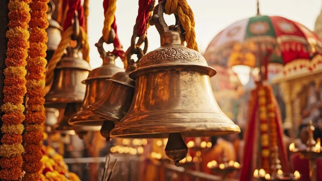 Religious bells in vibrant temple festival with decorations and flowers, showcasing traditional elements during aarti ceremony. Temple festival atmosphere filled with rituals and celebrations,