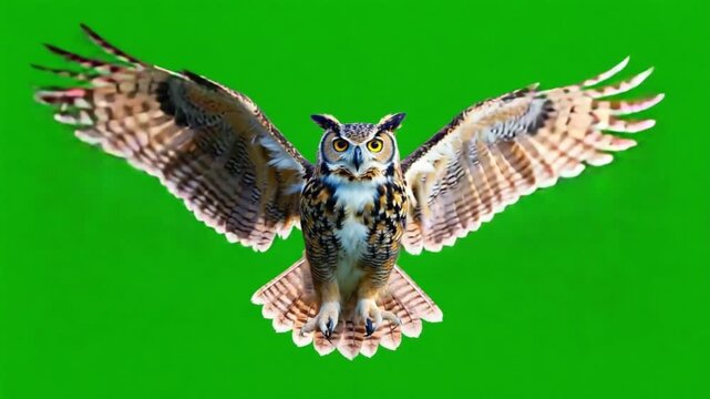 Owl flying with spread wings against green background