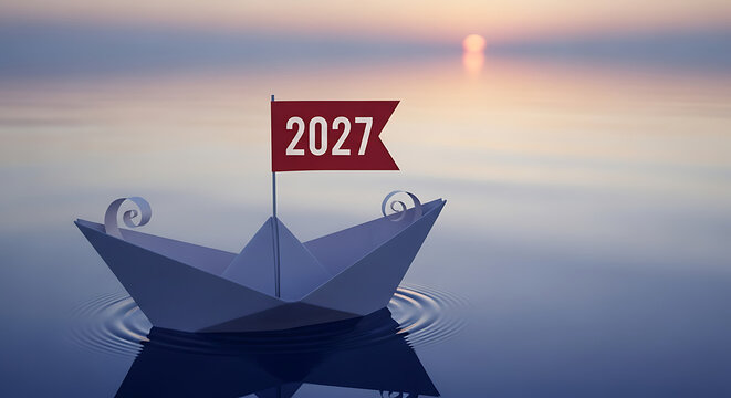 Minimalist origami vessel navigating serene turquoise ocean ripple featuring banner for celebratory holiday greeting card representing future prospect for year 2027 on calm water
