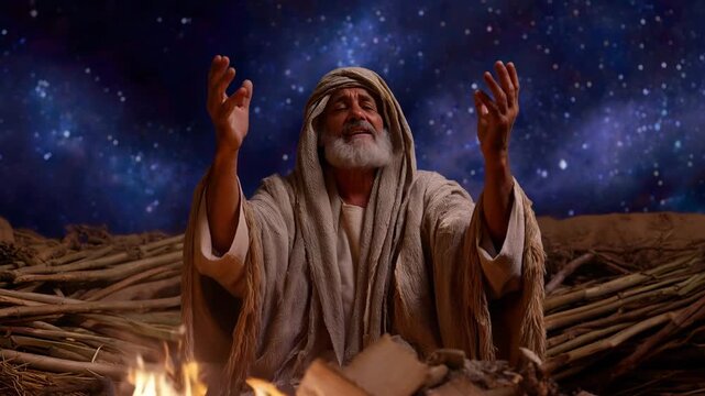 Abraham looked up at the starry sky at night, remembering and believing in God's promise. Bible story scene in the old testament