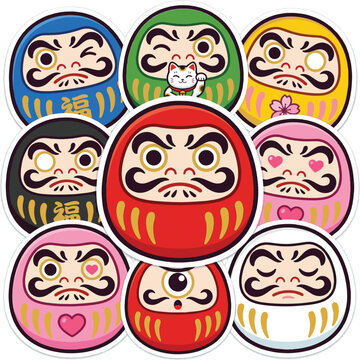 Cute Red Daruma Doll Vector Sticker. Japanese lucky charm symbol for success and goals isolated