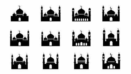 Collection of mosque silhouettes with domes and minarets on white background © Afia