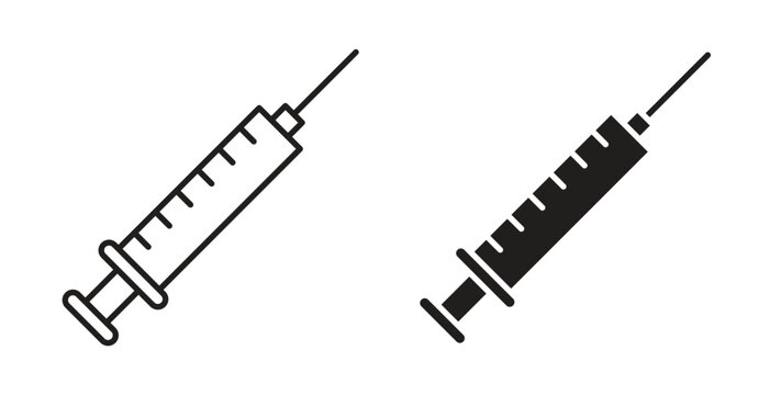 Syringe injection icons vector symbol with editable stroke and flat versions