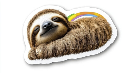 Naklejka premium Cute sloth sleeping peacefully with colorful rainbow in background, evoking sense of calm and joy