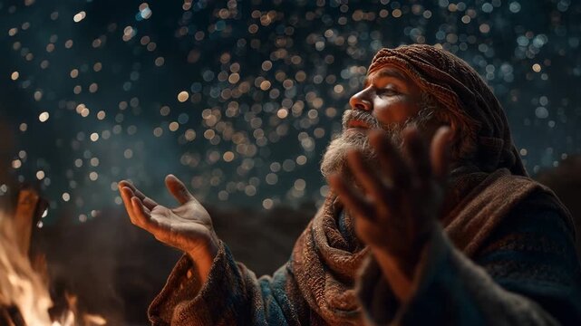 Abraham stood outside, staring up at the starry night sky. A depiction of God's promise that He would make Abraham's descendants as numerous as the stars in the sky