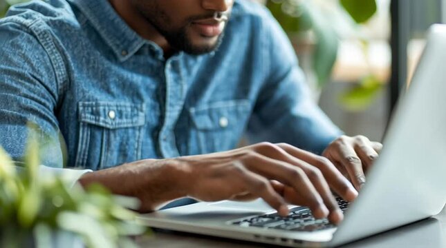 Close-up of a young black man hands typing on laptop keyboard in a bright office or cafe