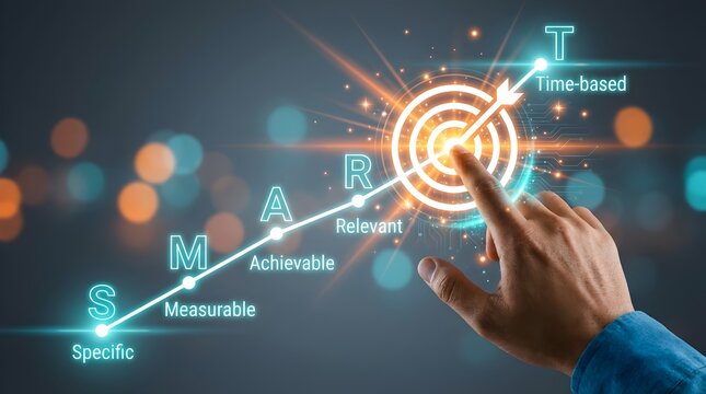 Hand touching SMART goals target Specific Measurable Achievable Relevant Time-based steps glowing digital bokeh background