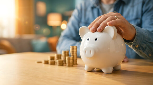 Man gently touching white piggy bank with coins on wooden table in cozy sunlit living room interior with blurred background