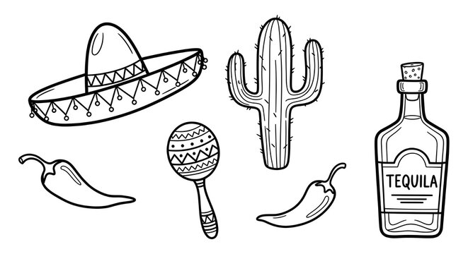 Hand-Drawn Mexican Culture Doodle Elements Collection Sombrero Cactus Maraca Tequila Chili Pepper Black Line Art Transparent Background Vector Illustration for Invitations Party Graphics Fiesta Design