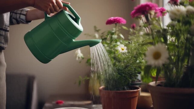 Dedicated individual meticulously watering a vibrant potted plant indoors using a classic green watering can, cultivating a thriving home garden and nurturing green life